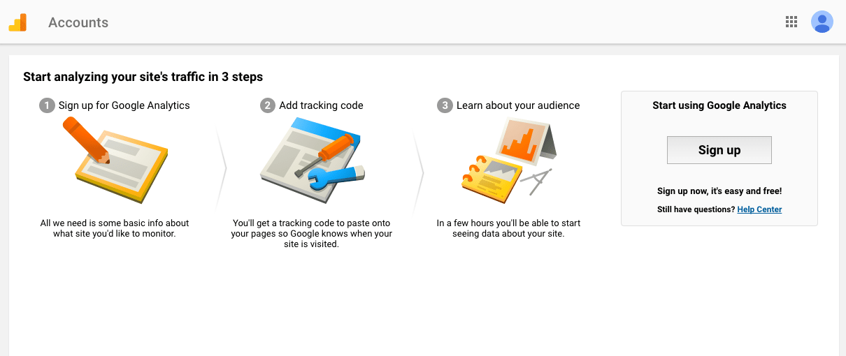 Google Analytics Sign up page image